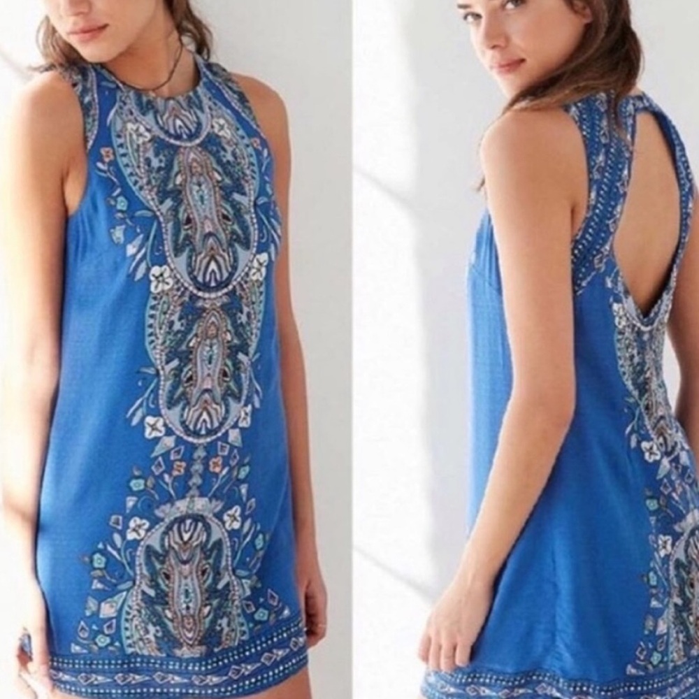 Ecote Blue Sleeveless Dress with Paisley Pattern Keyhole Back Festival Size M